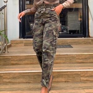 Zara 6 High Waisted Camo Belted Joggers Trousers Pants Paperbag